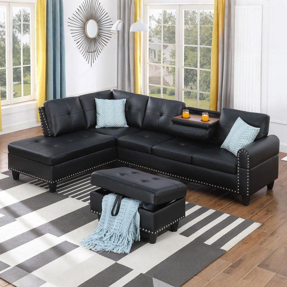 HOMEFUN 98 in. Faux Leather L-Shaped 3-Piece Cup Holders Chaise