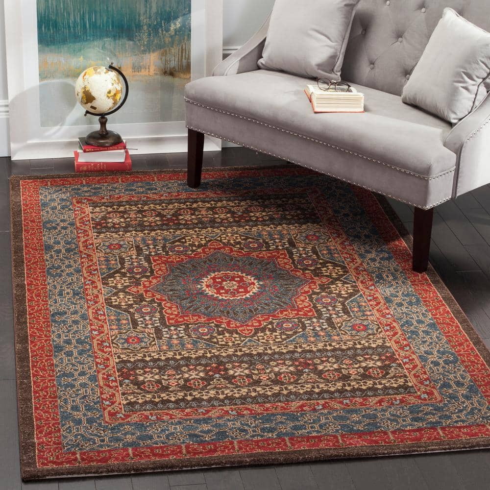 Navy and Red Synthetic Rectangular Persian Style Area Rug