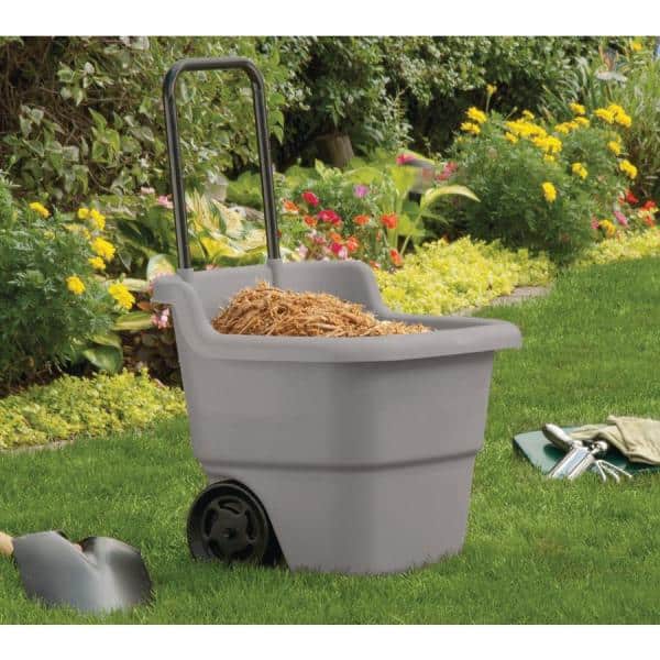 Gray Plastic Garden Cart with Metal Handle and Flat-Free Tires