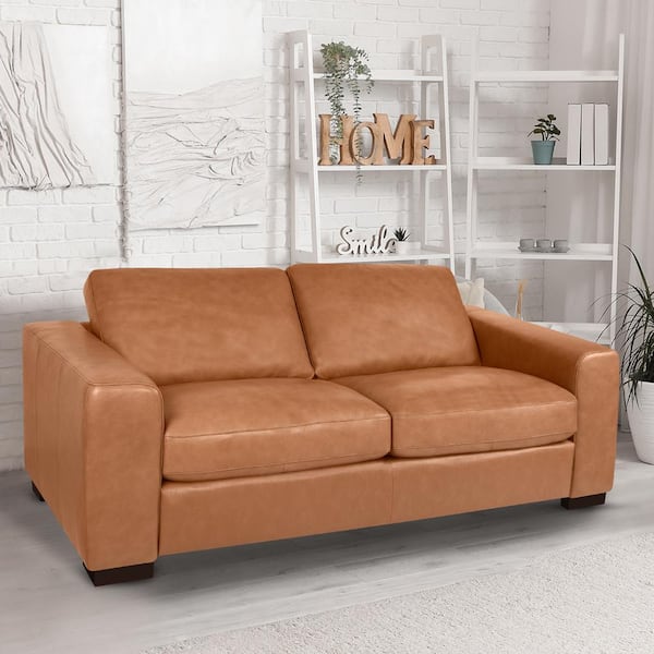 HOMESTOCK 72 in. W Square Arm Contemporary Oversized Genuine Leather 2-Seater Loveseat Tan