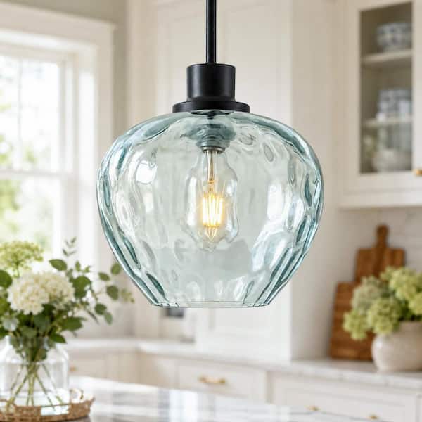 RayHome 1-Light Modern Black Adjustable Height Pendant Light with Blue Apple-shaped Hammered Glass for Kitchen Island