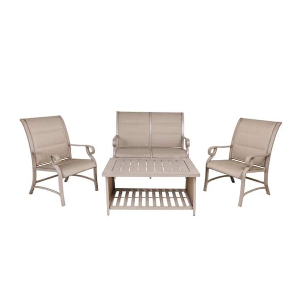 Mondawe Tyrion Champagne Gold 4-Piece Cast Aluminum Patio Rectangle Outdoor Dining Set with Love Seat for Garden, Yard