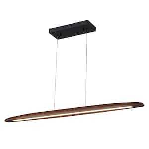 Timber 39.4 in.W 1-Light Integrated LED Black and Hickory Pendant Light Linear Chandelier Wood Kitchen Island Lighting
