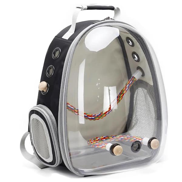Unbranded Clear Space Capsule Astronaut Backpack to Carry Parakeet/Parrot with Metal Tray Wood Perch, Vet Transport Bag, Black