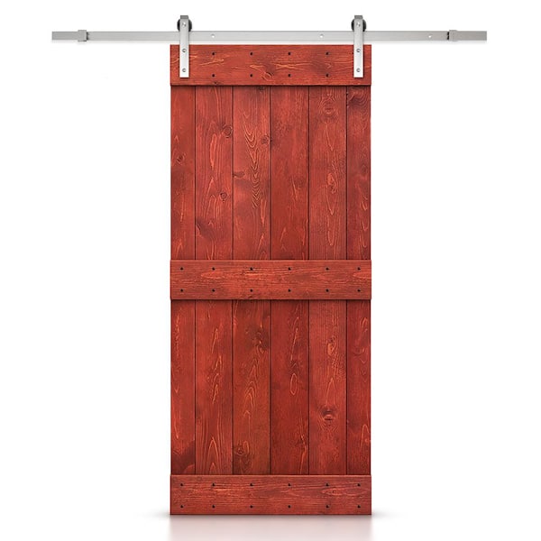CALHOME Mid-bar Series 30 in. x 84 in. Pre-Assembled Cherry Red Stained Wood Interior Sliding Barn Door with Hardware Kit