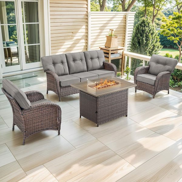 Brynn 4-Piece Brown Wicker Patio Conversation Sofa Set Outdoor Propane Fire Pit Table with Gray Cushions