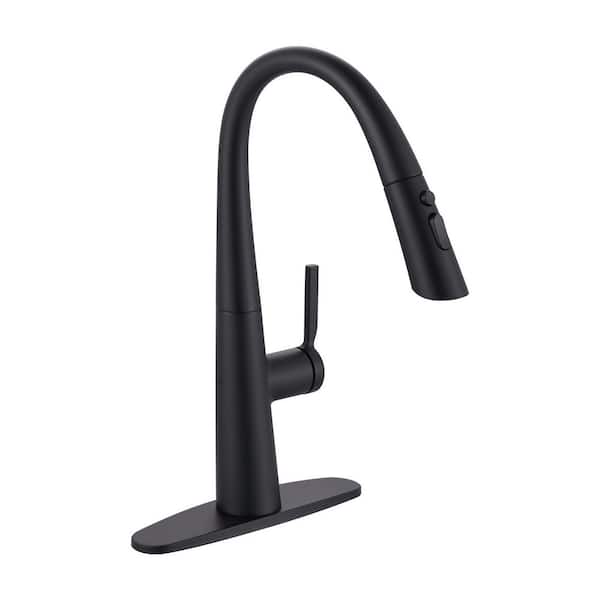 VEVETTA 18 in. H Single Handle Pull Down Sprayer Kitchen Faucet with 3-Spray and 360° Spout Swivel Mode in Matte Black