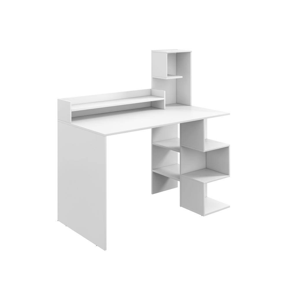 White modern computer desk with hutch and multiple storage shelves.