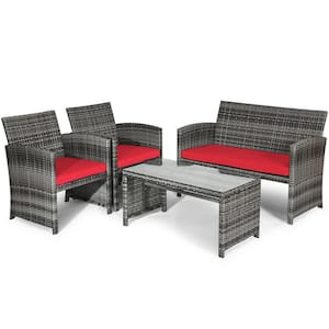 4-Pieces Rattan Patio Furniture Set with Glass Table and Red Cushioned Loveseat