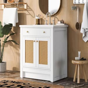 White 24 in. W x 18 in. D x 34 in. H Bathroom Vanity with Single Sink Storage Cabinet Pull-out Footrest Solid Wood Frame