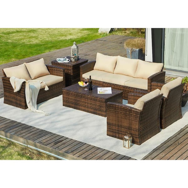 AECOJOY Brown 6-Piece Wicker Patio Conversation Set with 2 Storage Boxes and Beige Cushions