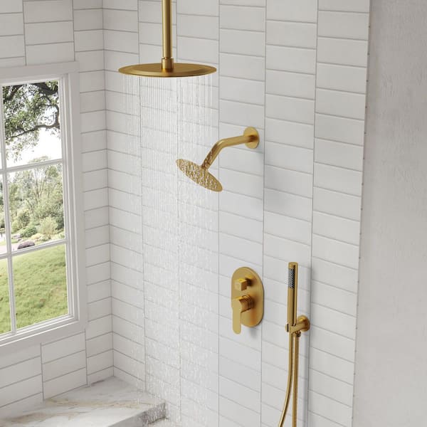 3-Spray Patterns Round Fixed Shower Head 10 and 6 in. with 2.5 GPM Ceiling Mount Dual Shower Heads in Brushed Gold