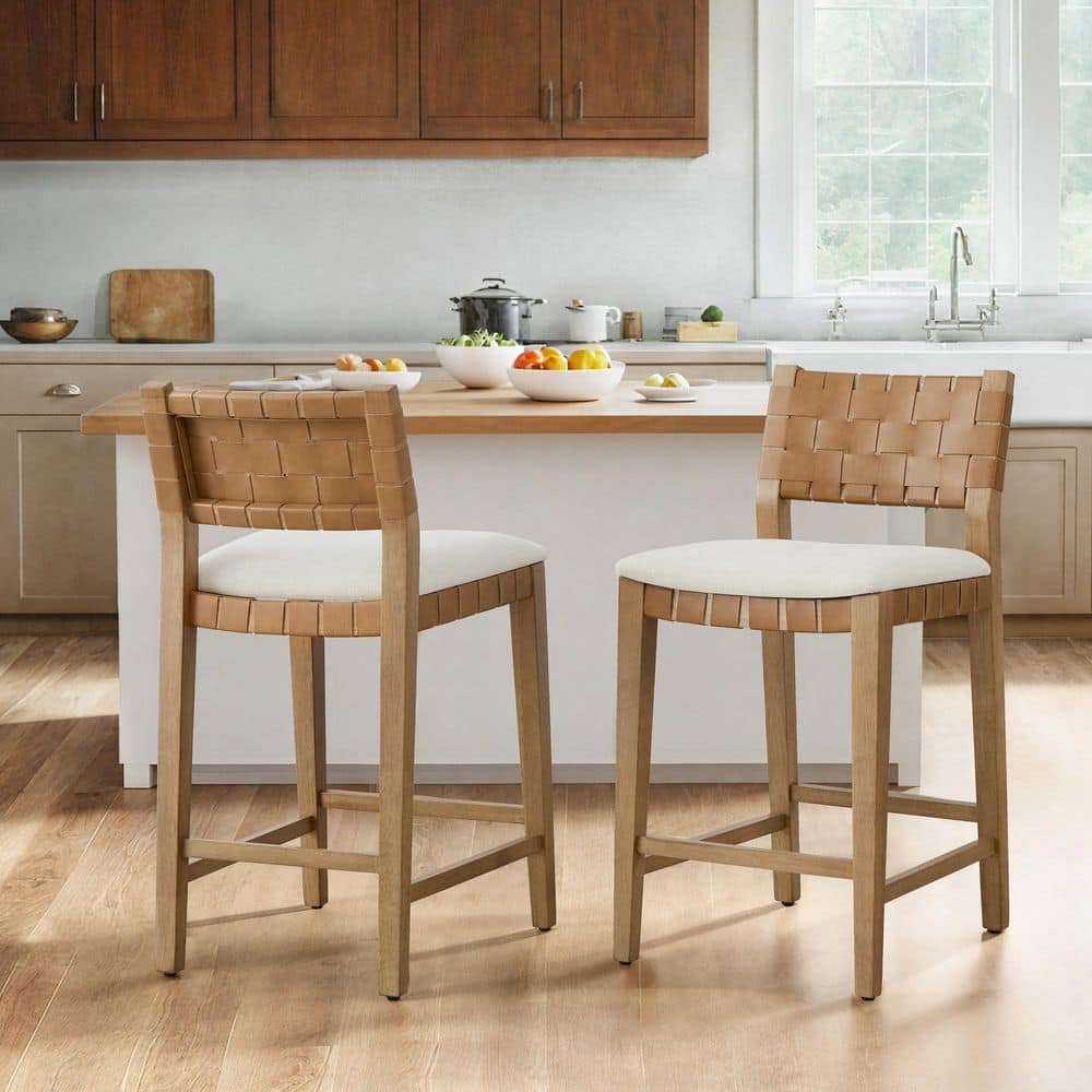 Eero 36 in. Cream/Brown PVC-Woven Low Back Wood Frame Armless Bar Stool With High-Resilient Polyfoam Seat Set of 2 price history on PriceWatchPro