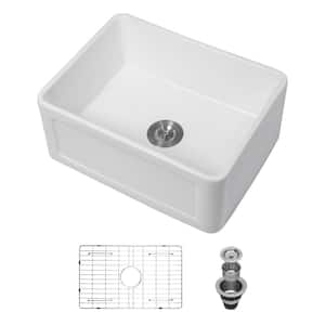 24.00 in .W Farmhouse Apron-Front Ceramic Single Bowl in White Kitchen sink with Bottom Grids;Strainer