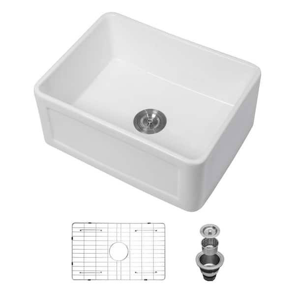 ANTFURN 24.00 in .W Farmhouse Apron-Front Ceramic Single Bowl in White Kitchen sink with Bottom Grids;Strainer