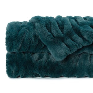 Ruched Teal Faux Fur Reversible Minky Throw Blanket, 50 x 65 in.