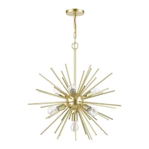 Tribeca 7-Light Soft Gold Starburst Pendant Chandelier with Polished Brass Accents and Iron Pipe Rods