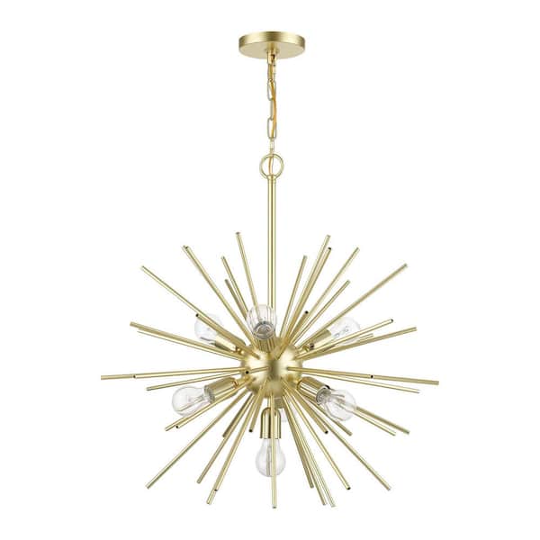 Livex Lighting Tribeca 7-Light Soft Gold Starburst Pendant Chandelier with Polished Brass Accents and Iron Pipe Rods