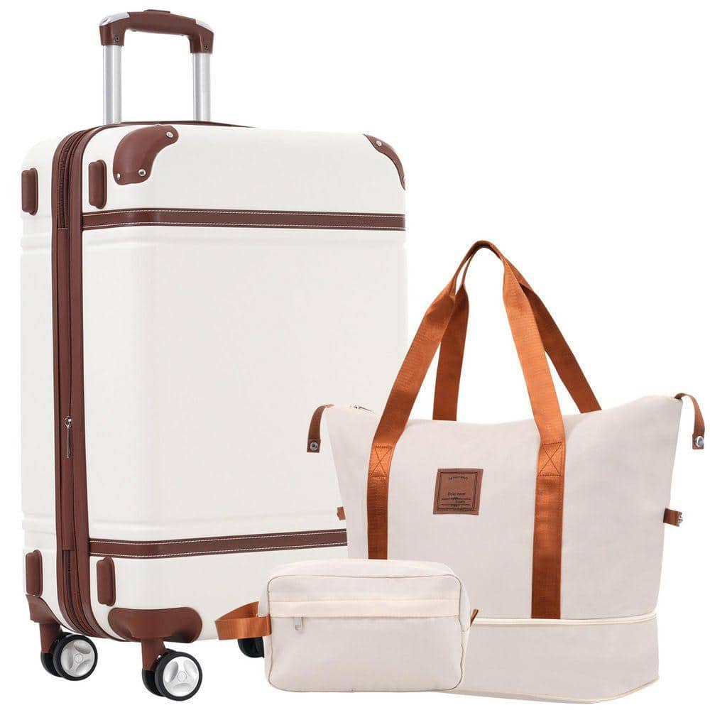 3-Piece White  ABS Plastic Hardside Luggage Set with Double Spinner Wheels, TSA Lock and Expandable 28 in. Suitcase
