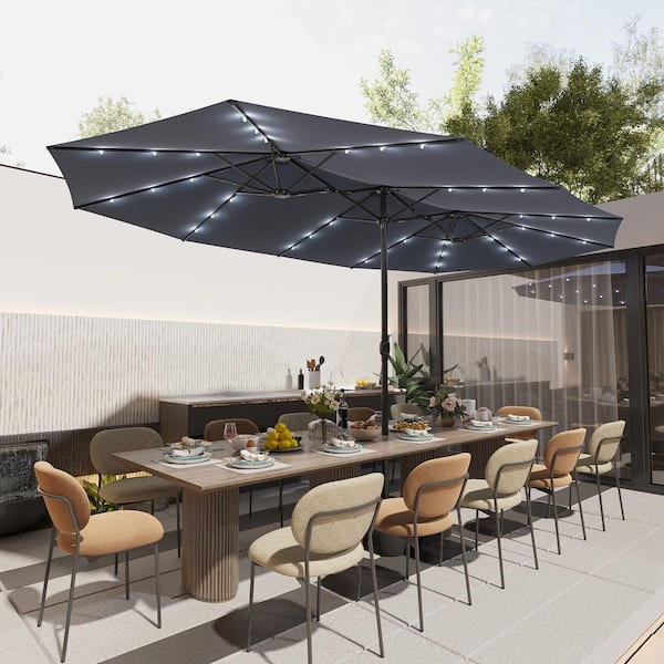 FUFU&GAGA 15 ft. Large Market Patio Umbrella with 36 Solar Lights, Double-Sided Outdoor Cantilever Umbrella with Base in Navy Blue