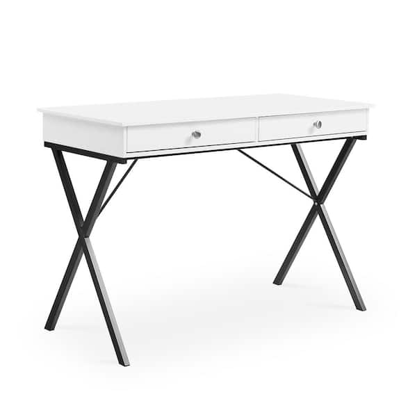 CIPACHO 42 in. Rectangle White MDF 2-Drawer Computer Desk with X-Shape Metal Legs