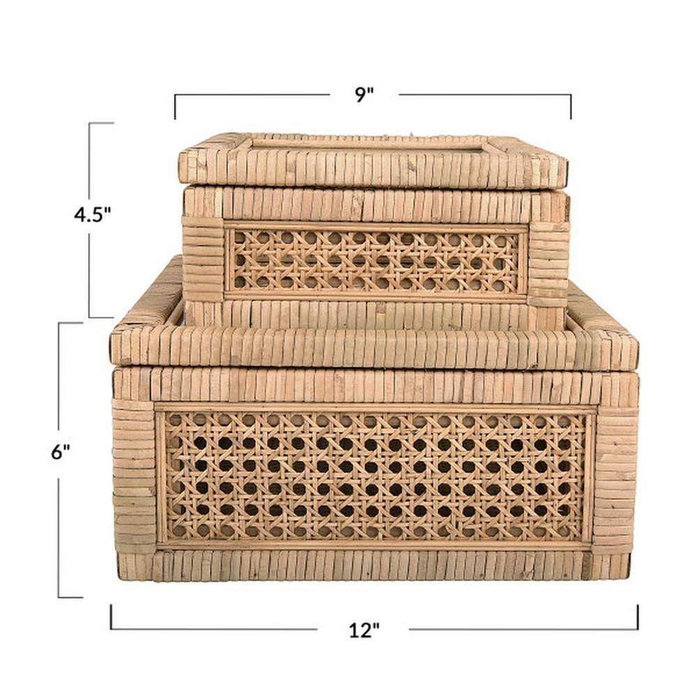 Natural Woven Rattan and Wood Lidded Display Boxes with Glass Lids, Set of 2