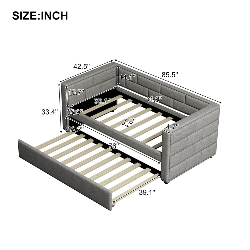 Gray Upholstered Twin Daybed with Pine Wood Frame and Trundle