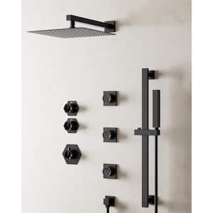 Thermostatic Valve 5-Spray 12 in. Dual Shower Heads Wall Mount Fixed and Handheld Shower Head in Matte Black