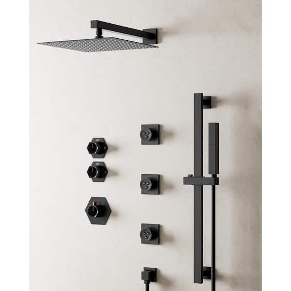 YAWWALK Thermostatic Valve 5-Spray 12 in. Dual Shower Heads Wall Mount Fixed and Handheld Shower Head in Matte Black