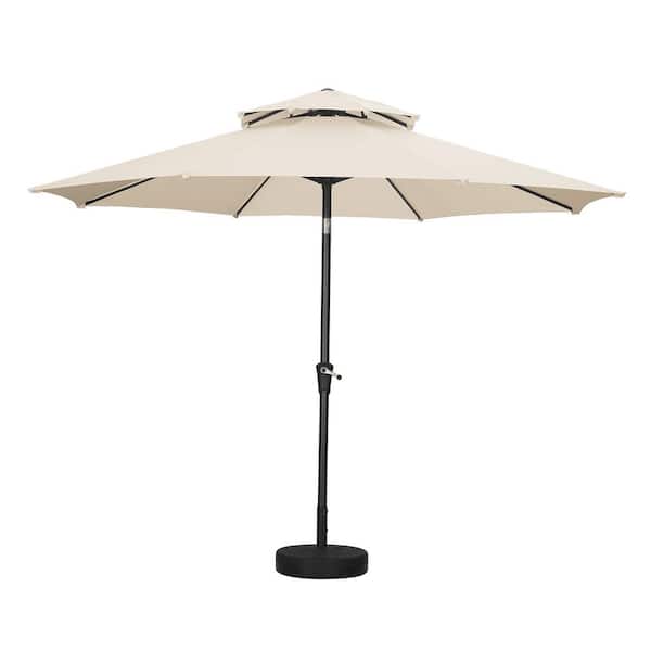 OVASTLKUY 11 ft. 2-Tier Round Market Outdoor Patio Umbrella in Khaki with Base