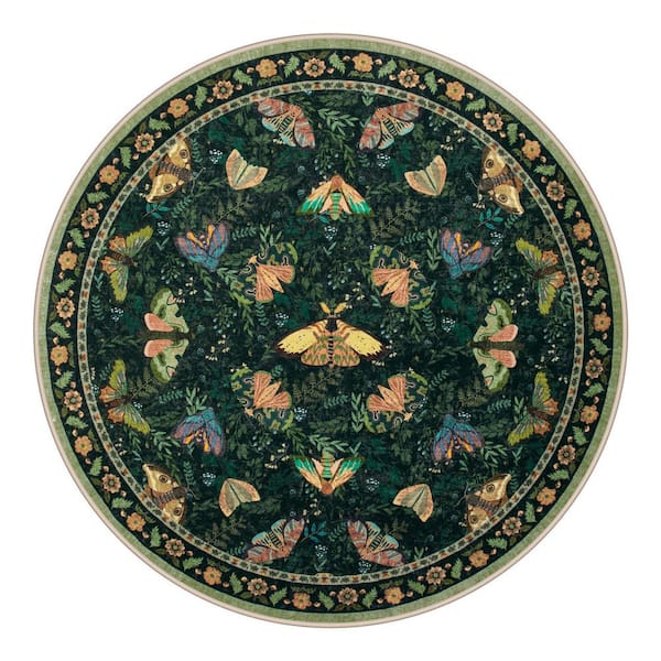 Animal & Insect Floral Print Machine Washable Non Slip Backing Green 6 ft. Round Living Room/Bedroom Area Rug