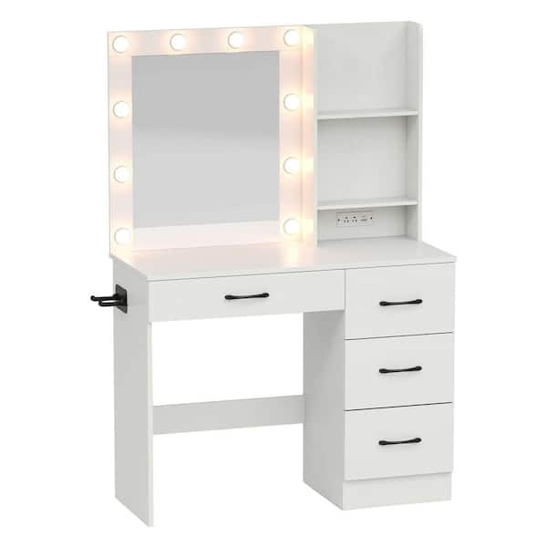 2-Piece White Makeup Vanity Desk with Mirror and Lights Charging Station 3-Color LED Lights