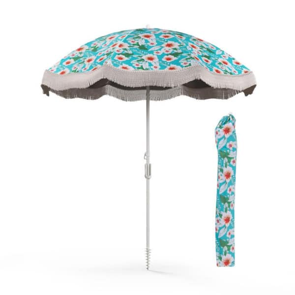 Kadehome 6.5 ft. Metal Tassel Beach Market Patio Umbrella in Green with Push Button Tilt