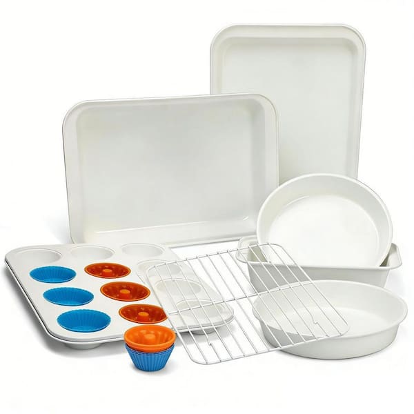 19-Piece White Baking Pans Set, Including Baking Tray, Cookie Sheet, Cake Pans, Loaf Pan, Muffin Pan, Silicone Cups