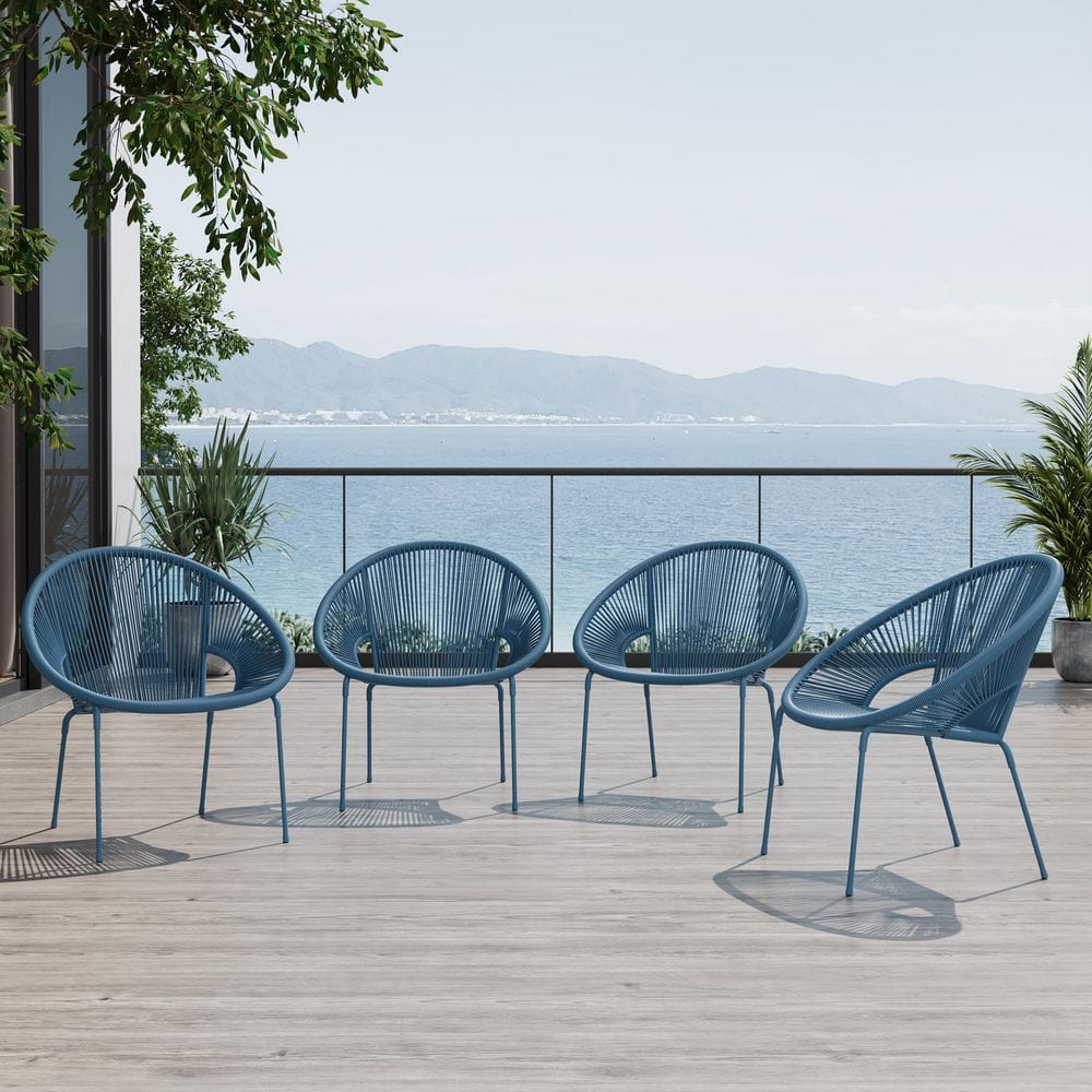 Blue Outdoor Stackable Woven Dining Chairs Set of 4, Modern Patio Accent Chairs with Curved Back & Metal Frame price history on PriceWatchPro