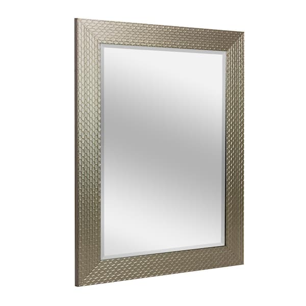 Deco Mirror 35.5 in. H x 29.5 in. W Modern Honeycomb Rectangle Champagne Silver Framed Beveled Glass Bathroom Vanity Wall Mirror