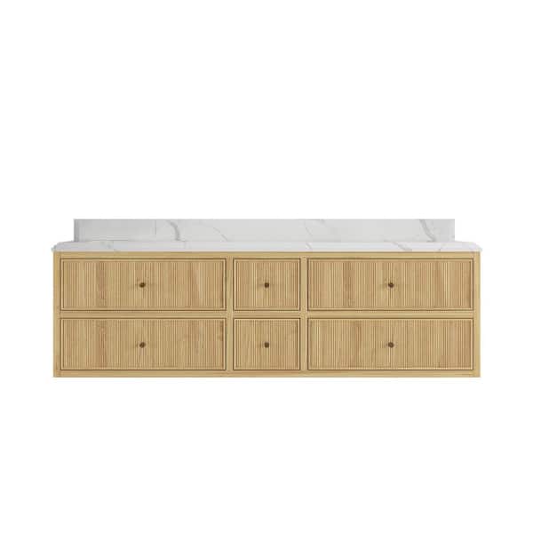 Willow Collections Sonoma Floating 72 in. H Double Sink Freestanding Light Natural Bath Vanity with 1.5 in. Calacatta Qt. Top Unassembled