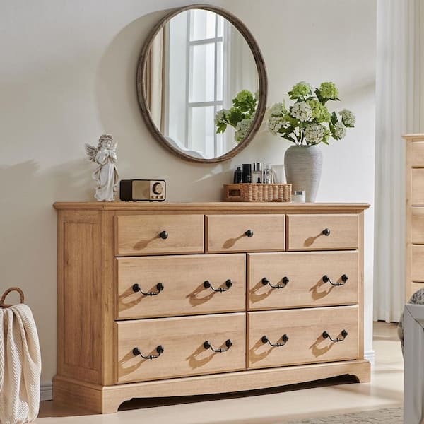 Natural Oak 7 drawer 54 in. W Dresser Wood Rustic Dressers for Bedroom, Living Room, Hallway