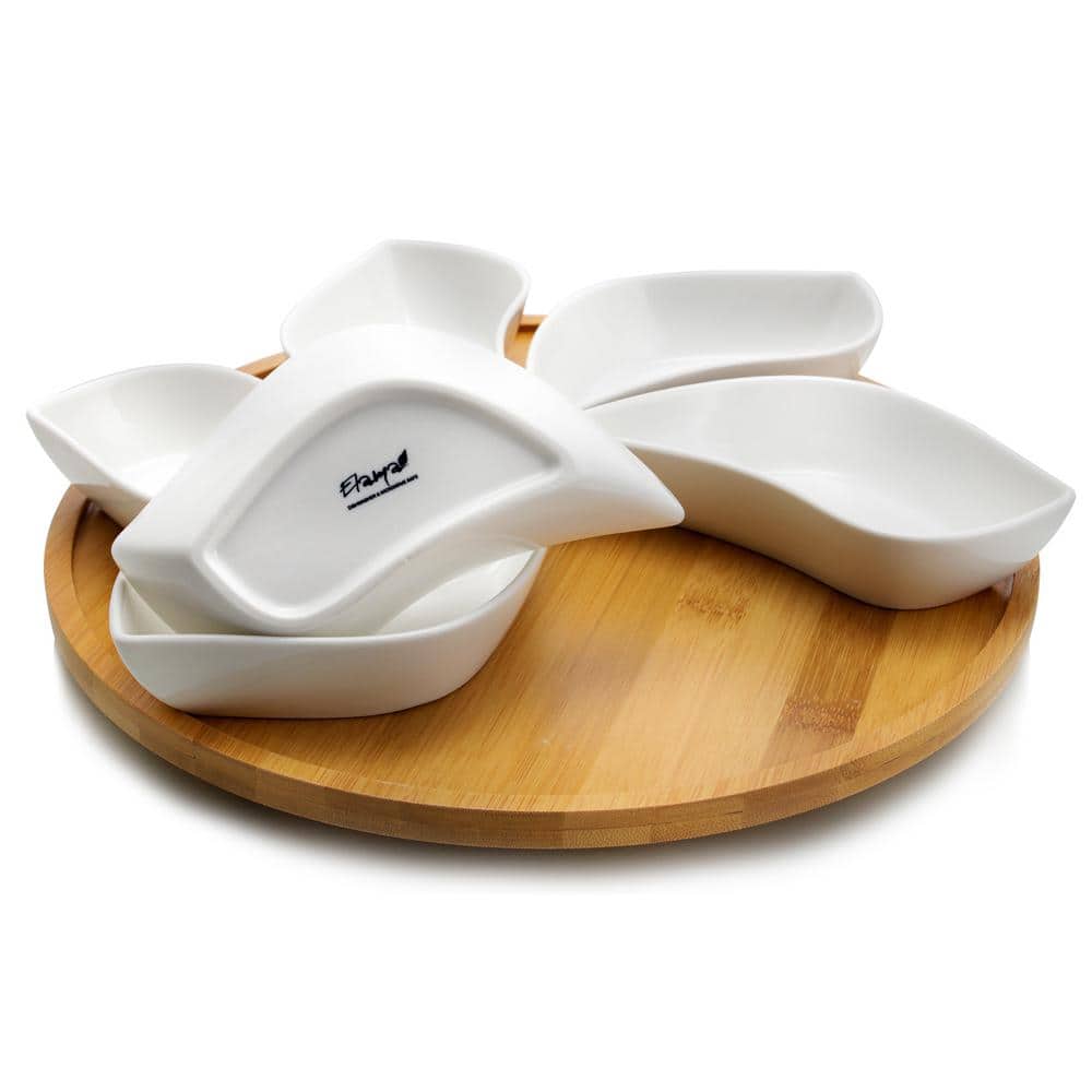 Elama Signature 13.5" Bamboo & Stoneware Lazy Susan Appetizer Set