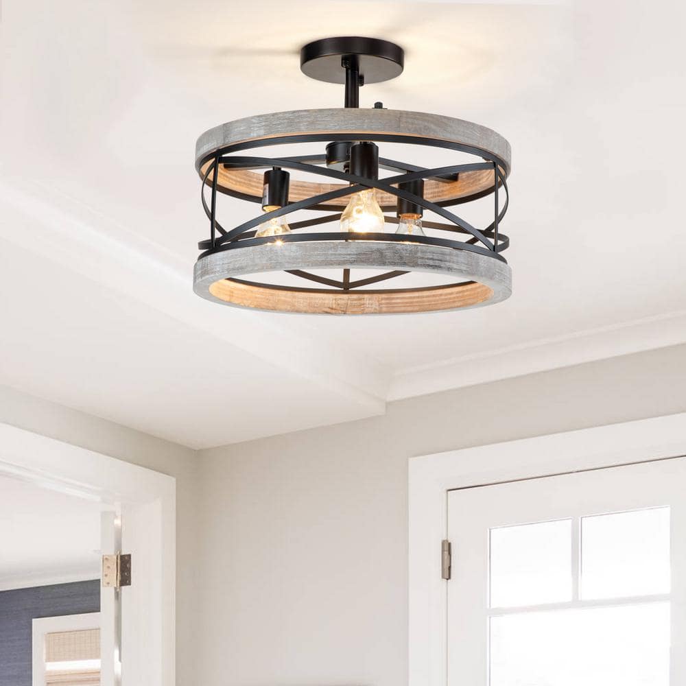 Black and Gray Wood Drum Farmhouse Semi-Flush Mount Ceiling Light