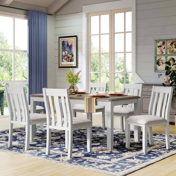 7-Piece Retro Brown/White Extendable Wood Top Dining Room Set Seats 6