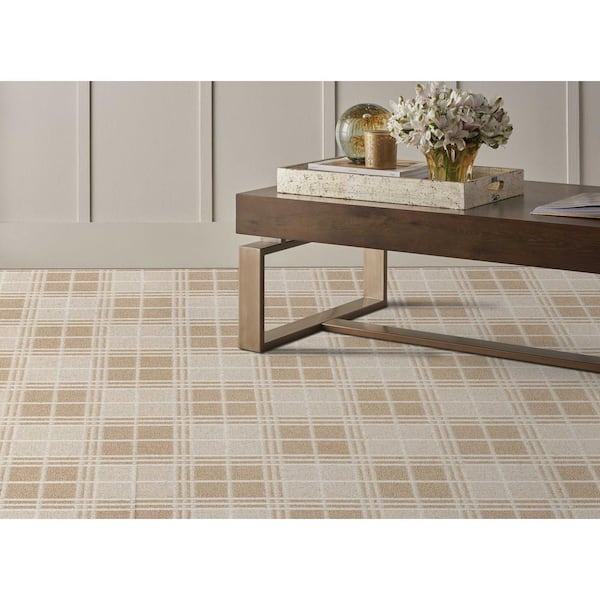 Checkerboard Flax/Ivory Beige 12 ft. 27 oz. Wool Pattern Installed Carpet