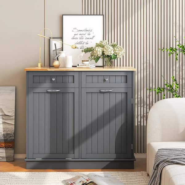 Costway Wooden Kitchen Trash Cabinet Tilt Out Bin Holder with Drawer &  Storage Shelf Gray