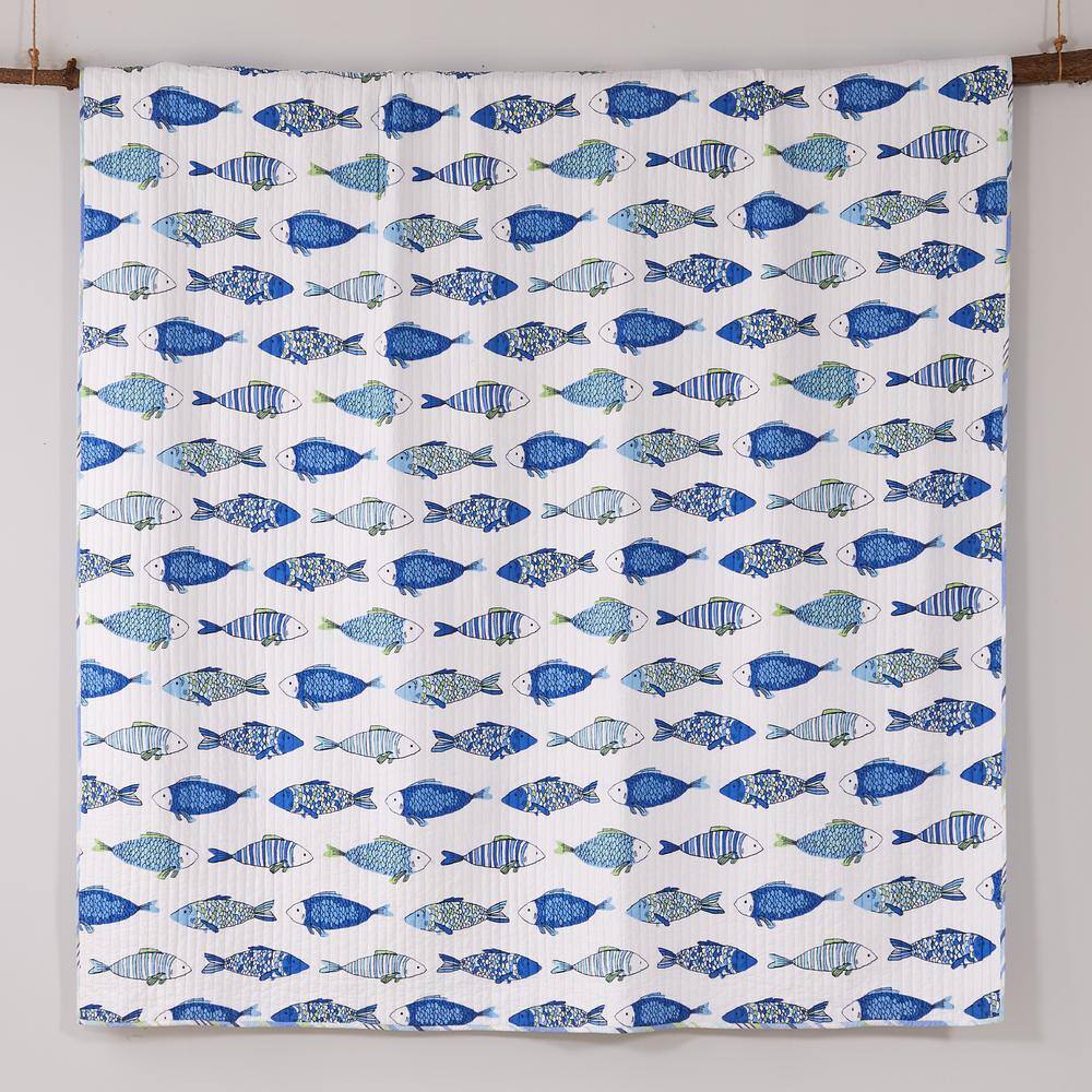 Catalina Coastal Twin Quilt Set with Reversible Fish Print in Blue and Green