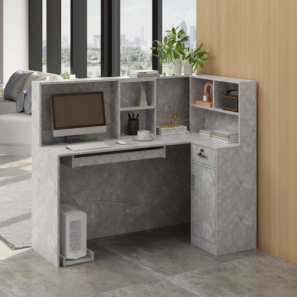 55.9 in. W L-Shaped Gray Wood 1-Drawer Computer Desk with Keyboard Tray, Reception Desk with Marble Finish