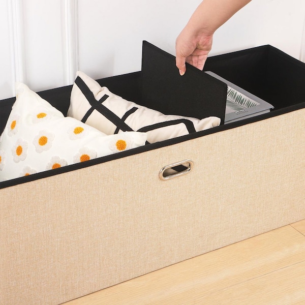 43" Folding Storage Ottoman Bench with Padded Seat, Khaki Fabric End of Bed Bench, Footstool with Large Hidden Storage