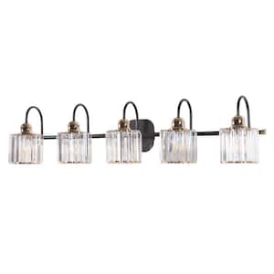 Merrin 40.55 in. 5-Lights Metal Black and Gold Bathroom Vanity Light with Crystal Shades