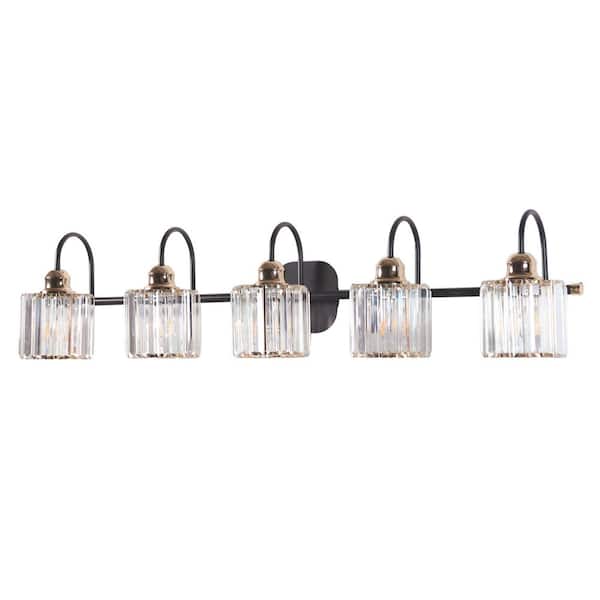 ExBrite Merrin 40.55 in. 5-Lights Metal Black and Gold Bathroom Vanity Light with Crystal Shades