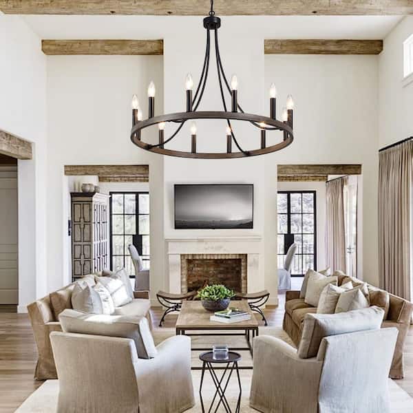 12-Light Black and Wood Grain Wagon Wheel Chandelier for Living Room Dinning Room with No Bulbs Included