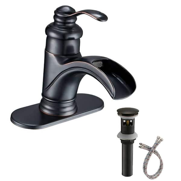 FLG Single Handle Single Hole Waterfall Bathroom Faucet with Pop-Up Drain Kit and Deckplate Included in Oil Rubbed Bronze